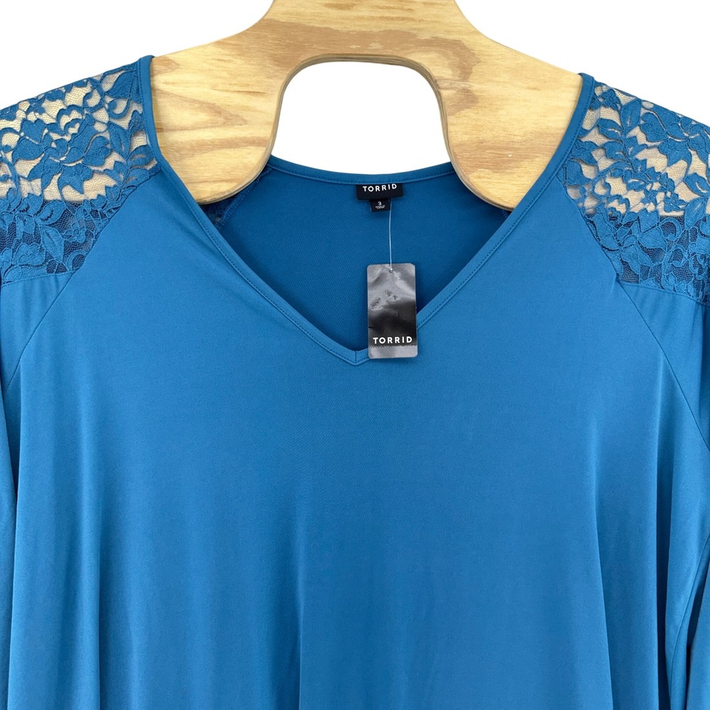 Torrid Studio Knit Lace Shoulder Top Teal Blue V-Neck 3/4 Smocked Sleeve 3X NEW